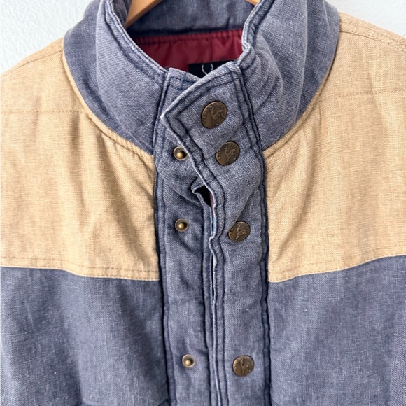 Kane & Unke Vest Mens Blue Tan Colorblock Linen Blend Snap Front Puffer Sz Large - Picture 3 of 10